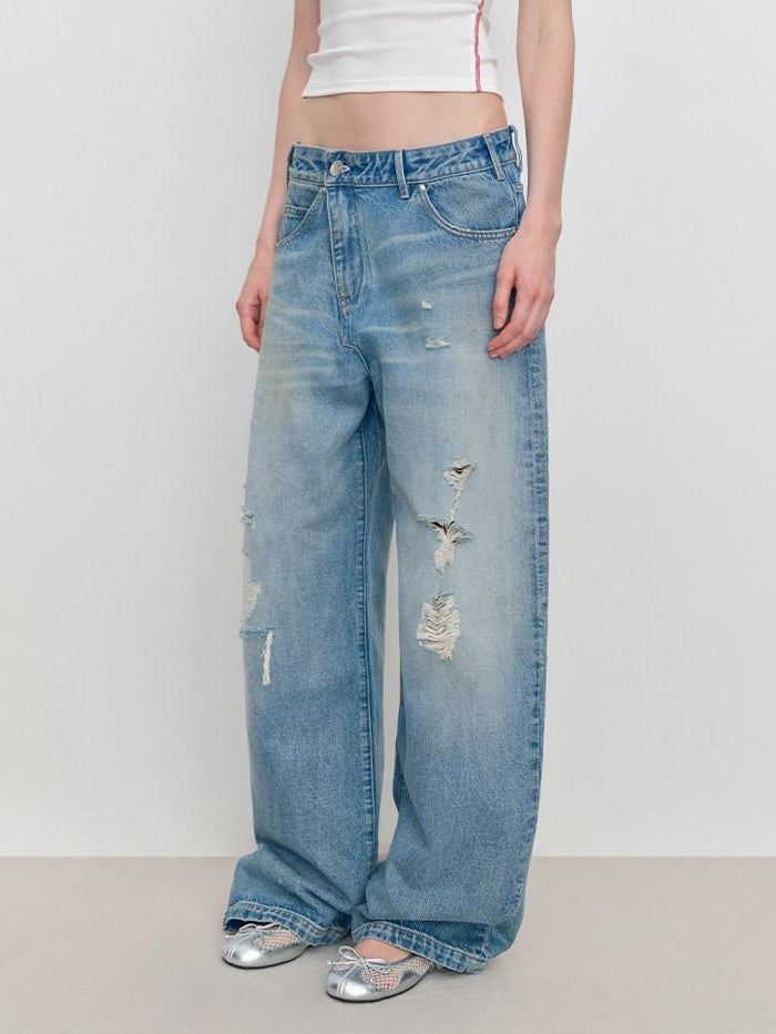 RUN TO THE FUTURE Durable Distressed Low Rise Loose Fit Casual Light Blue Denim Wide-Leg Jeans