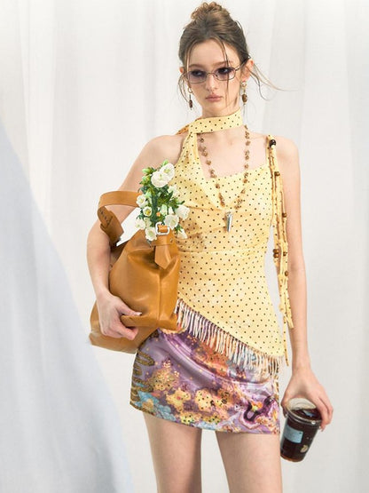 OfAkiva Yellow Polka Dot Printed Asymmetric Tassel Lapel Women&