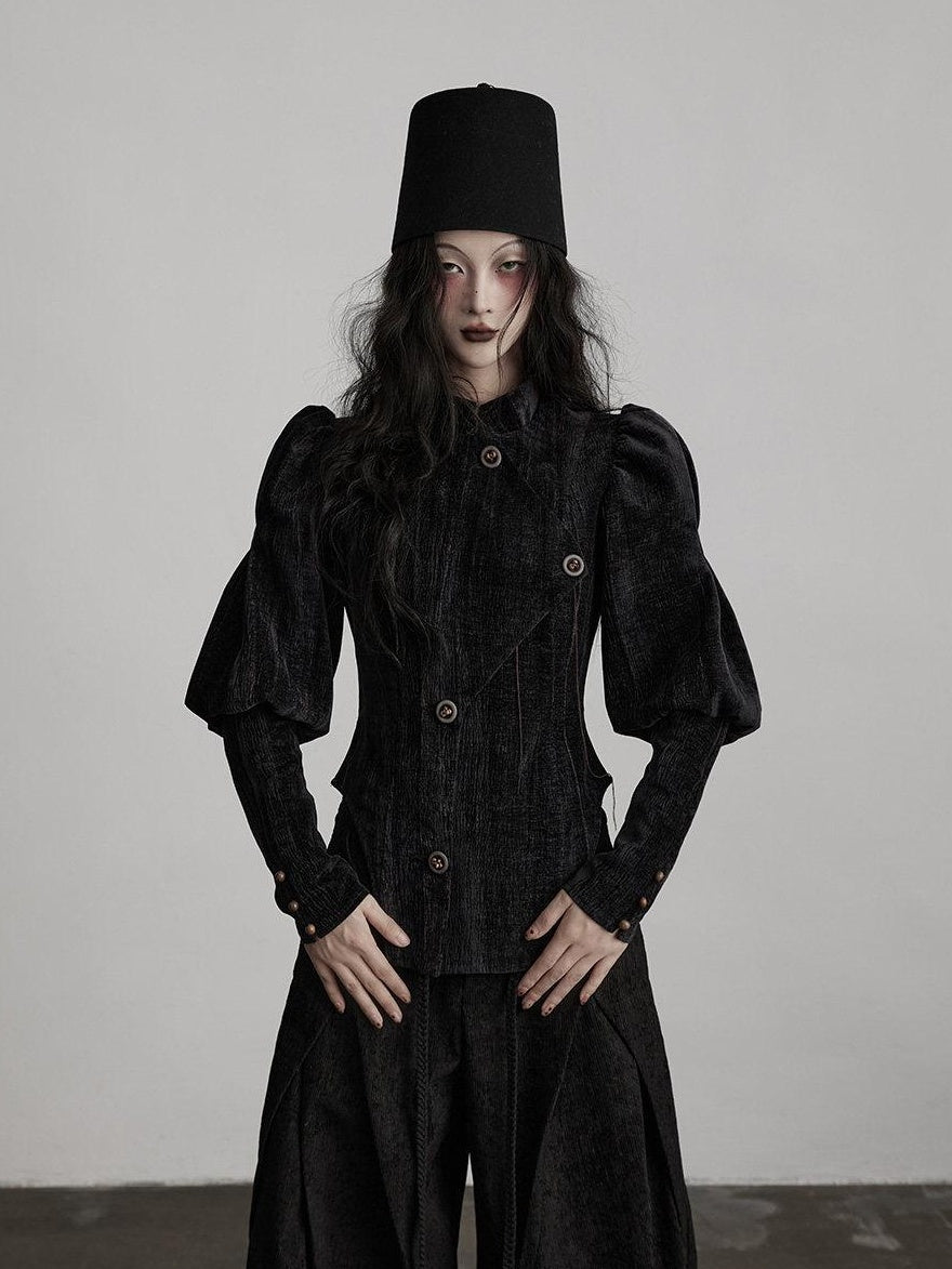 INDULGE Stretchy Waist Cinch Gothic Loose Fit Button Front Women Black Cropped Jackets