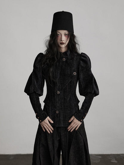 INDULGE Stretchy Waist Cinch Gothic Loose Fit Button Front Women Black Cropped Jackets