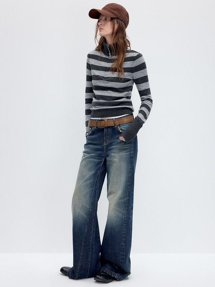 RUN TO THE FUTURE Washed Deep Navy Low Rise Loose Fit Casual Denim Wide Leg Straight Jeans