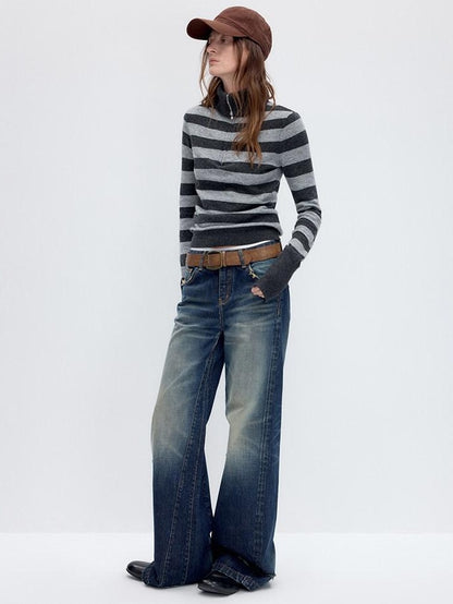 RUN TO THE FUTURE Washed Deep Navy Low Rise Loose Fit Casual Denim Wide Leg Straight Jeans
