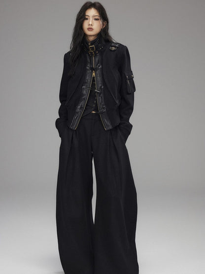 Low pixel Thick Wool Blend Slim Fit Street Hippie Stand Collar Black Cropped Jackets