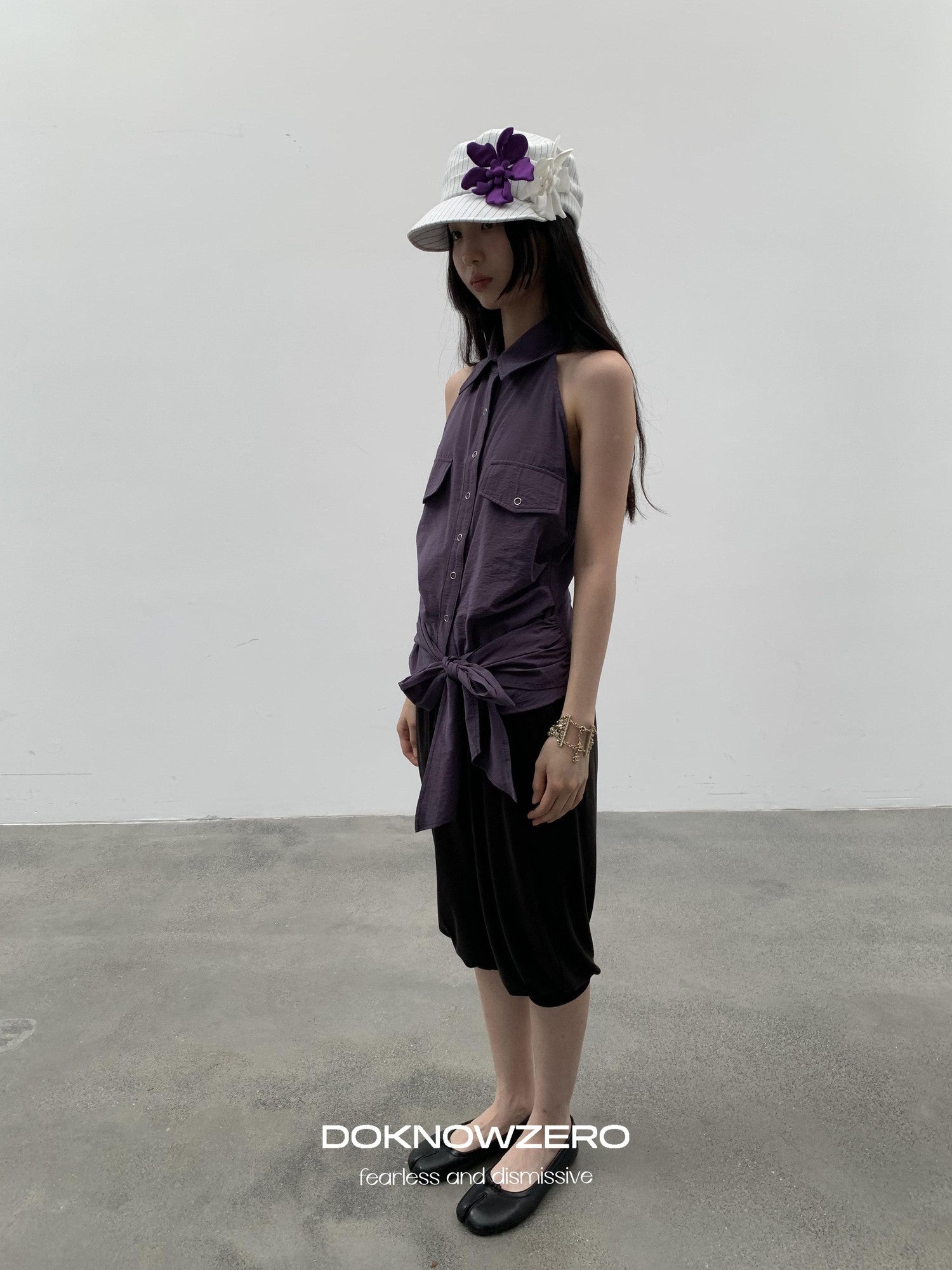 DKZ OFFICIAL Purple Halter Neck Shirt Style Lapel Collar Tie Waist Women&
