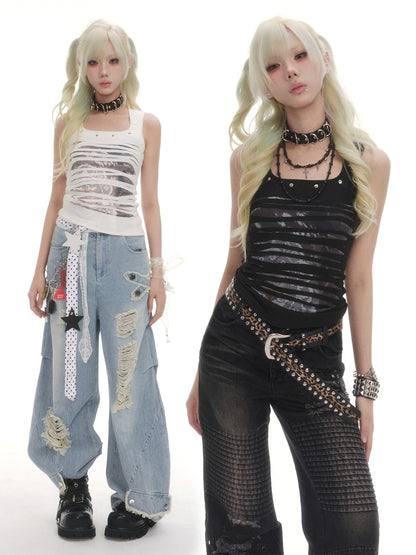 Frustration Garden Ripped Print Studded Irregular Double Layer Crop Slim U Neck Women&