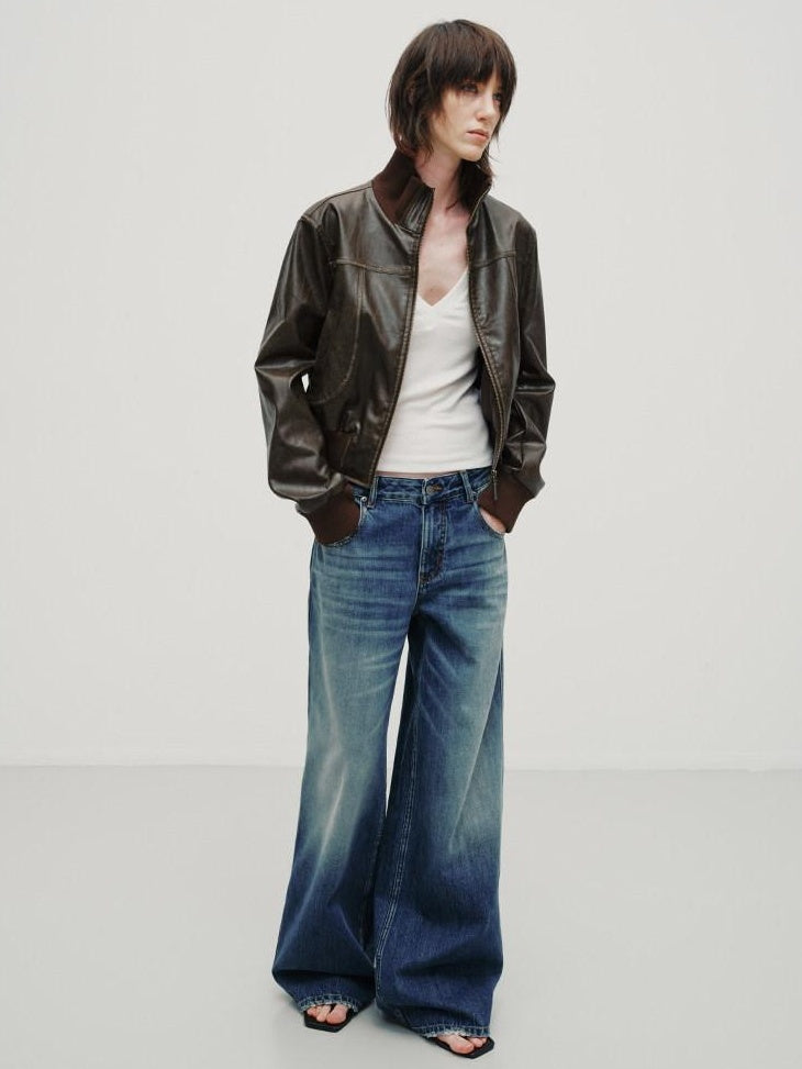 RUN TO THE FUTURE Durable Distressed Cotton Loose Fit Natural Waist Women Zip Fly Straight Jeans