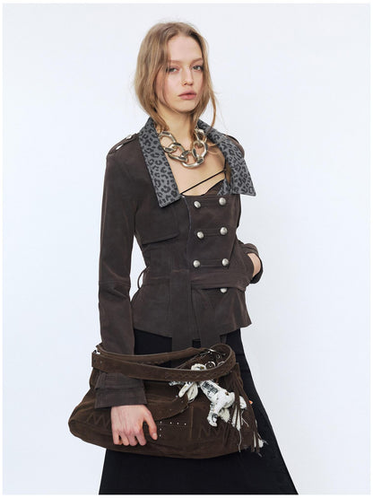 2th Desire Waist Cinch Punk Leopard Print Slim Fit Zip Short Women Trench Coats