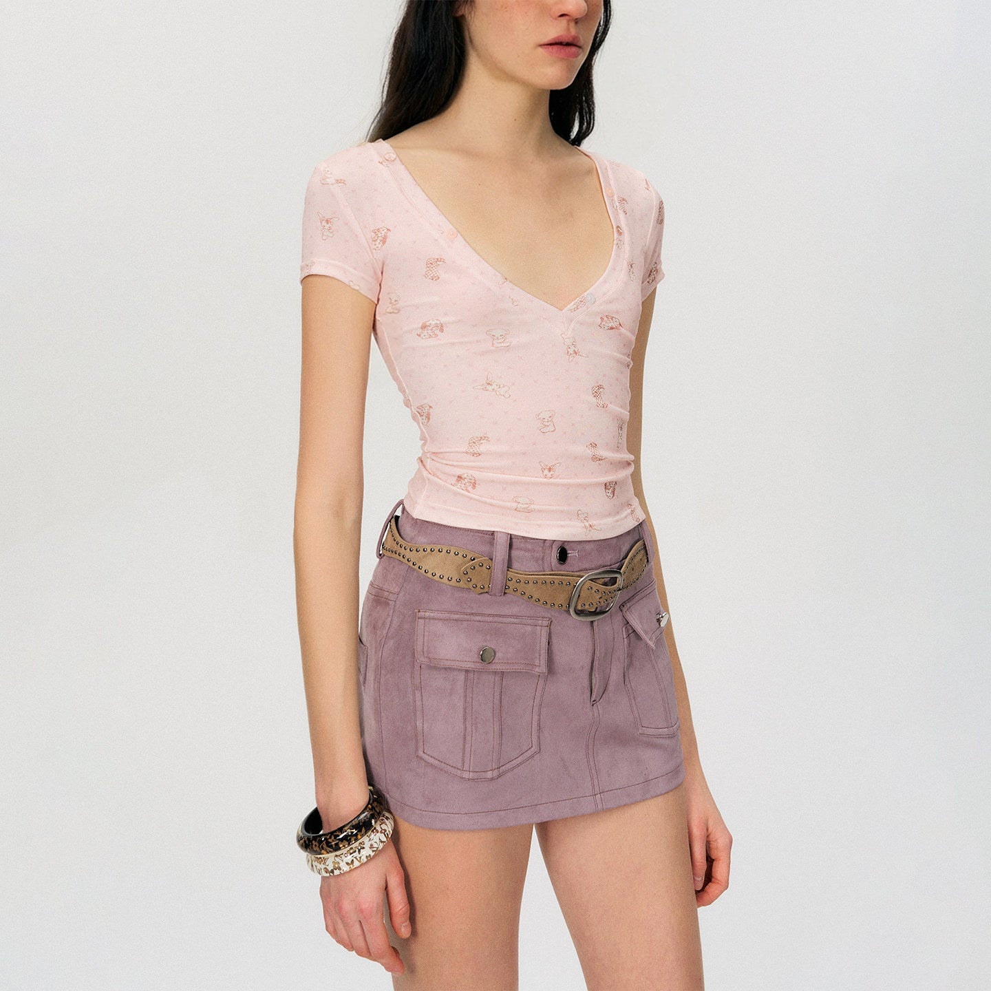 The NeverMore Soft Lyocell Printed V-neck Slim Fit Pink Women Cropped Basic Crop Tops