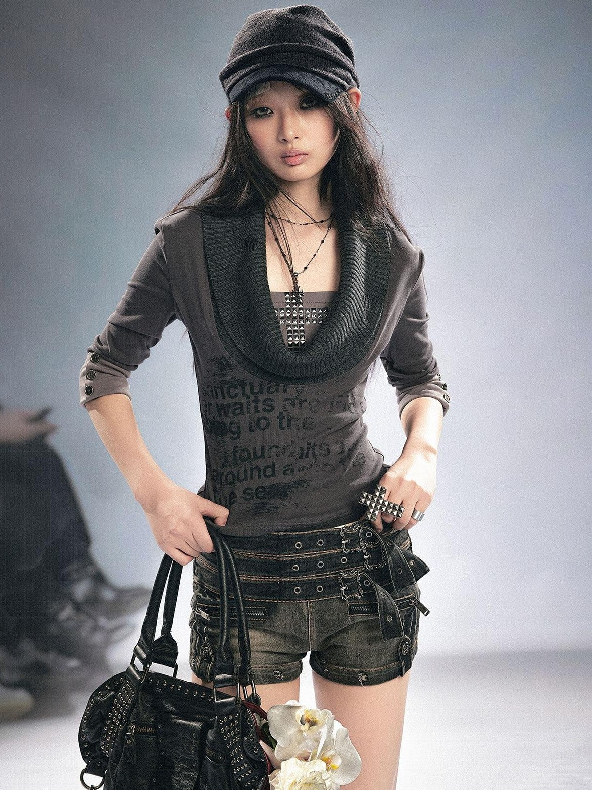 Cest Nous Punk Graffiti Print Cross Rhinestone Ripped Women&