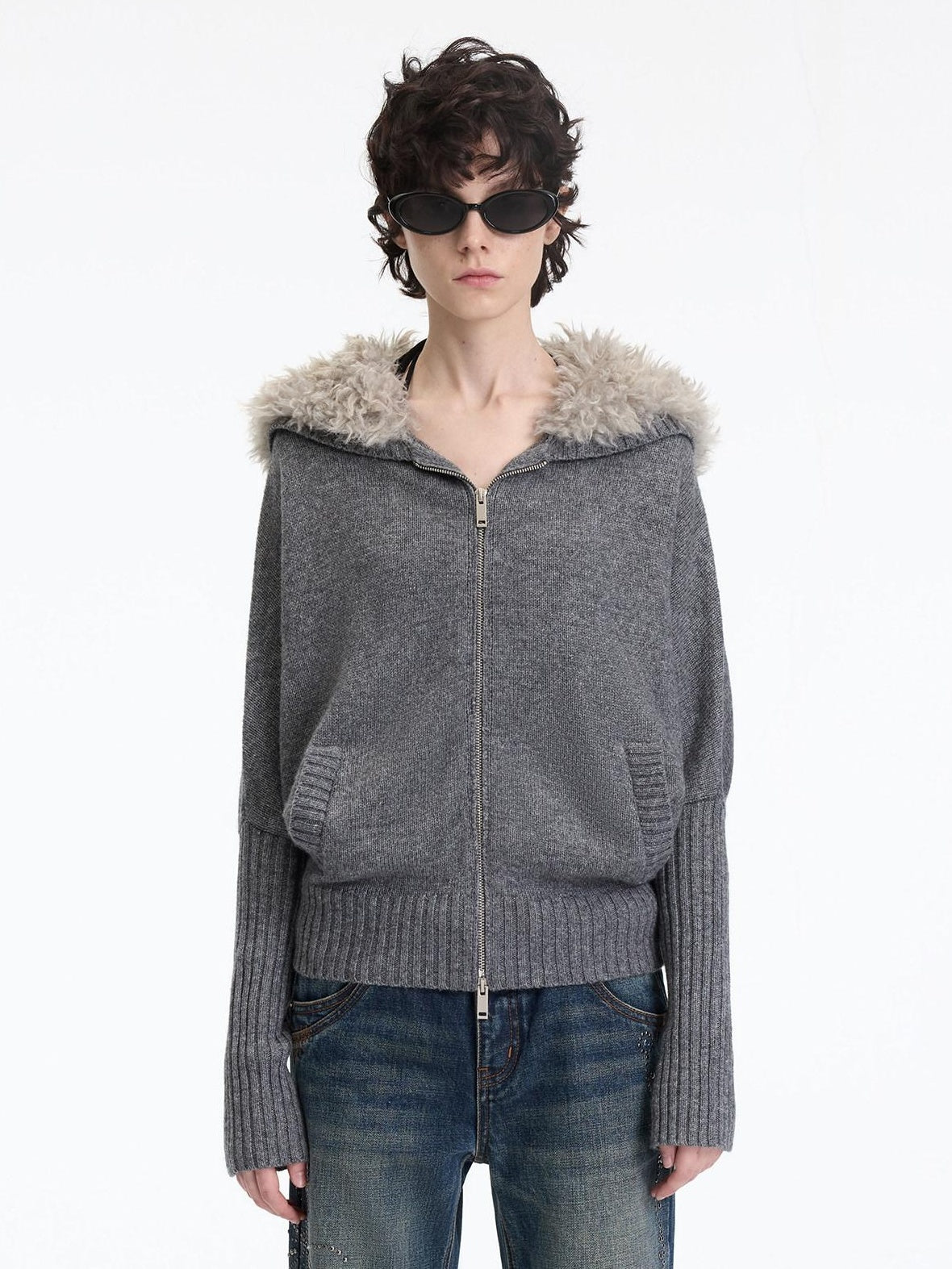 RUN TO THE FUTURE Soft Wool Blend Hooded Patchwork Vintage Loose Fit Zipper Knit Cardigans