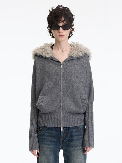 RUN TO THE FUTURE Soft Wool Blend Hooded Patchwork Vintage Loose Fit Zipper Knit Cardigans