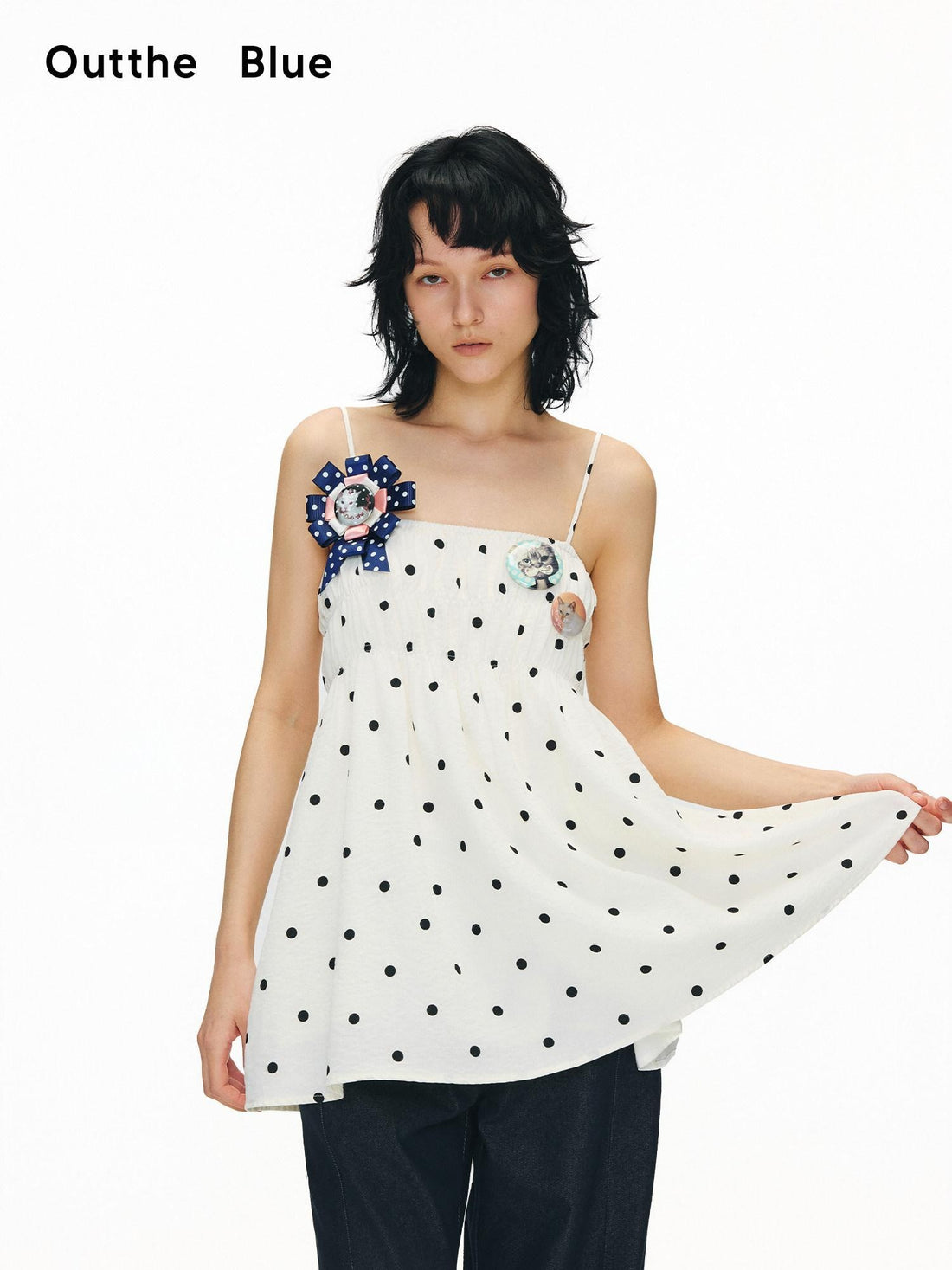 OuttheBlue Soft Cotton Loose Fit Polka Dot Spaghetti Strap Beige Slip Mini Dresses
