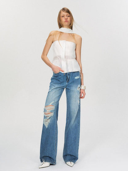 The NeverMore Zipper Front Slim Short Solid White Office Chic Strapless Tube Tops