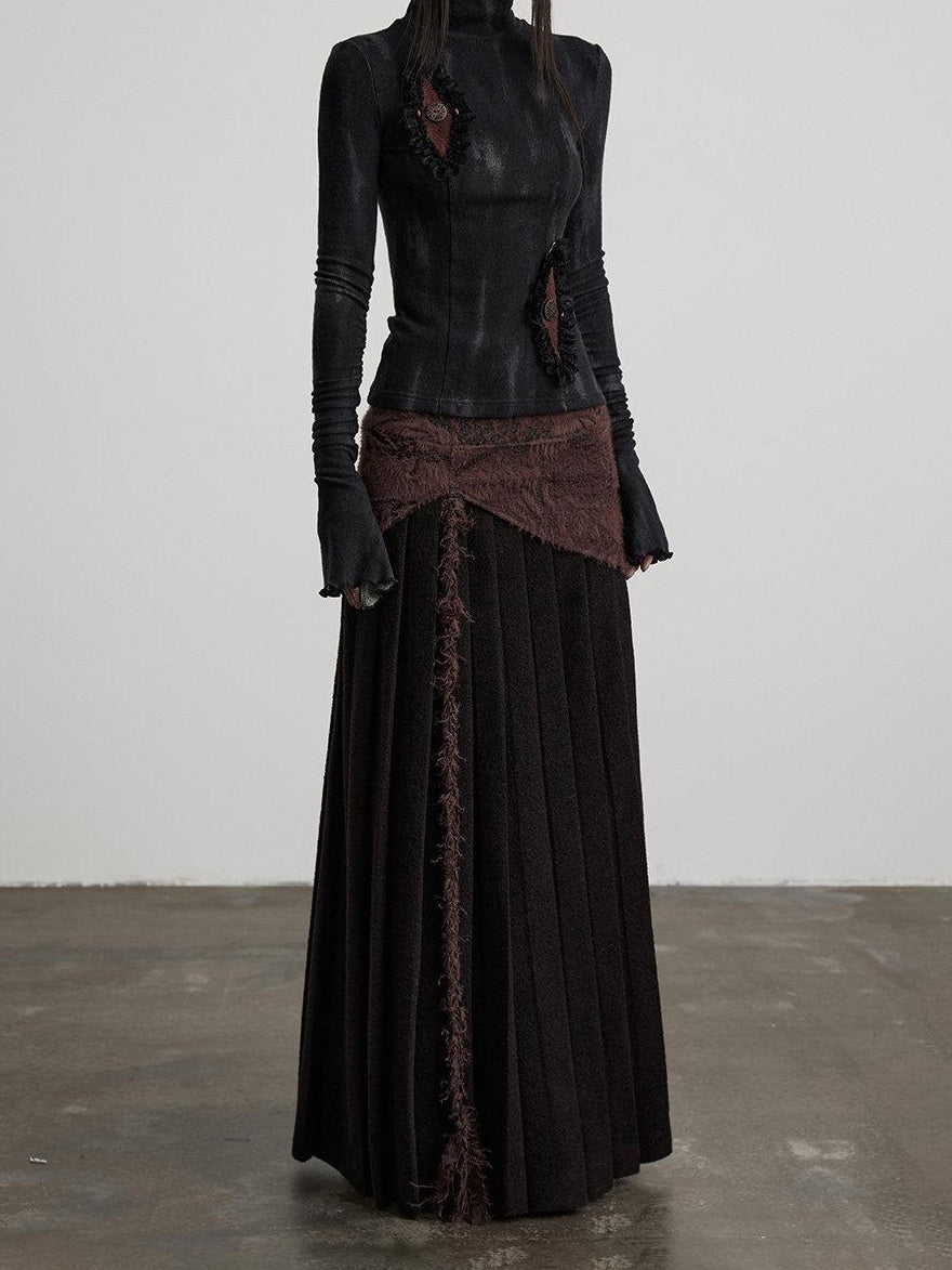 INDULGE Shape Retaining Patchwork Lined Mid Waist Wool Blend Women Burgundy Maxi Skirts
