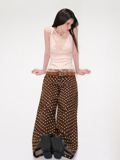 The NeverMore Cotton Polka Dot Vintage Natural Waist Casual Women Brown Straight Leg Jeans