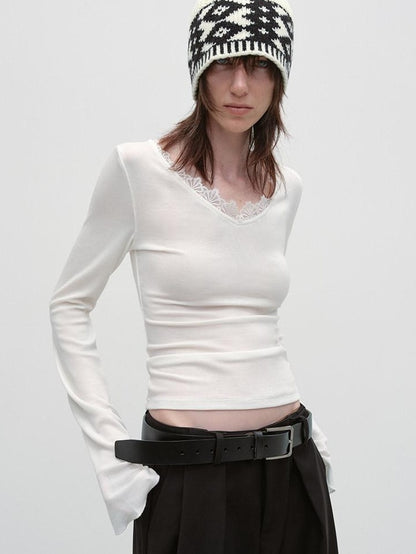 RUN TO THE FUTURE Lyocell Wool Moisture Wicking Slim V-neck Lace Trim Women Long Sleeve T-Shirts