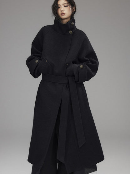 Low pixel Thick Wool Blend Oversized Streetwear European Long Zip Lapel Black Wool Coats