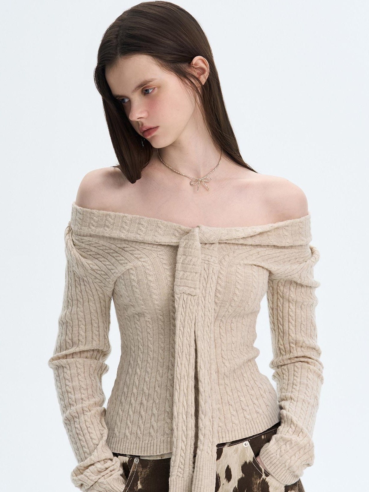 The NeverMore Khaki Wool Blend Slim Fit Layered Tie Detail Off Shoulder Pullover Sweaters