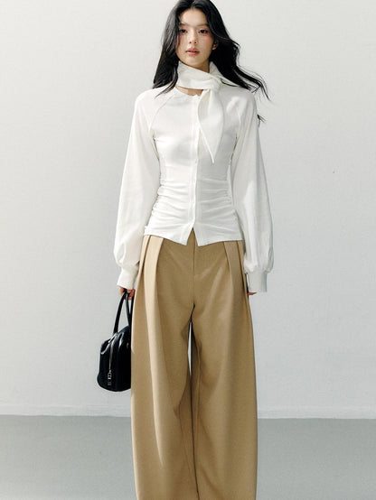 7Shiftin Cotton Bow Tie Fitted Waist Casual Cropped Long Sleeve Women White Blouses