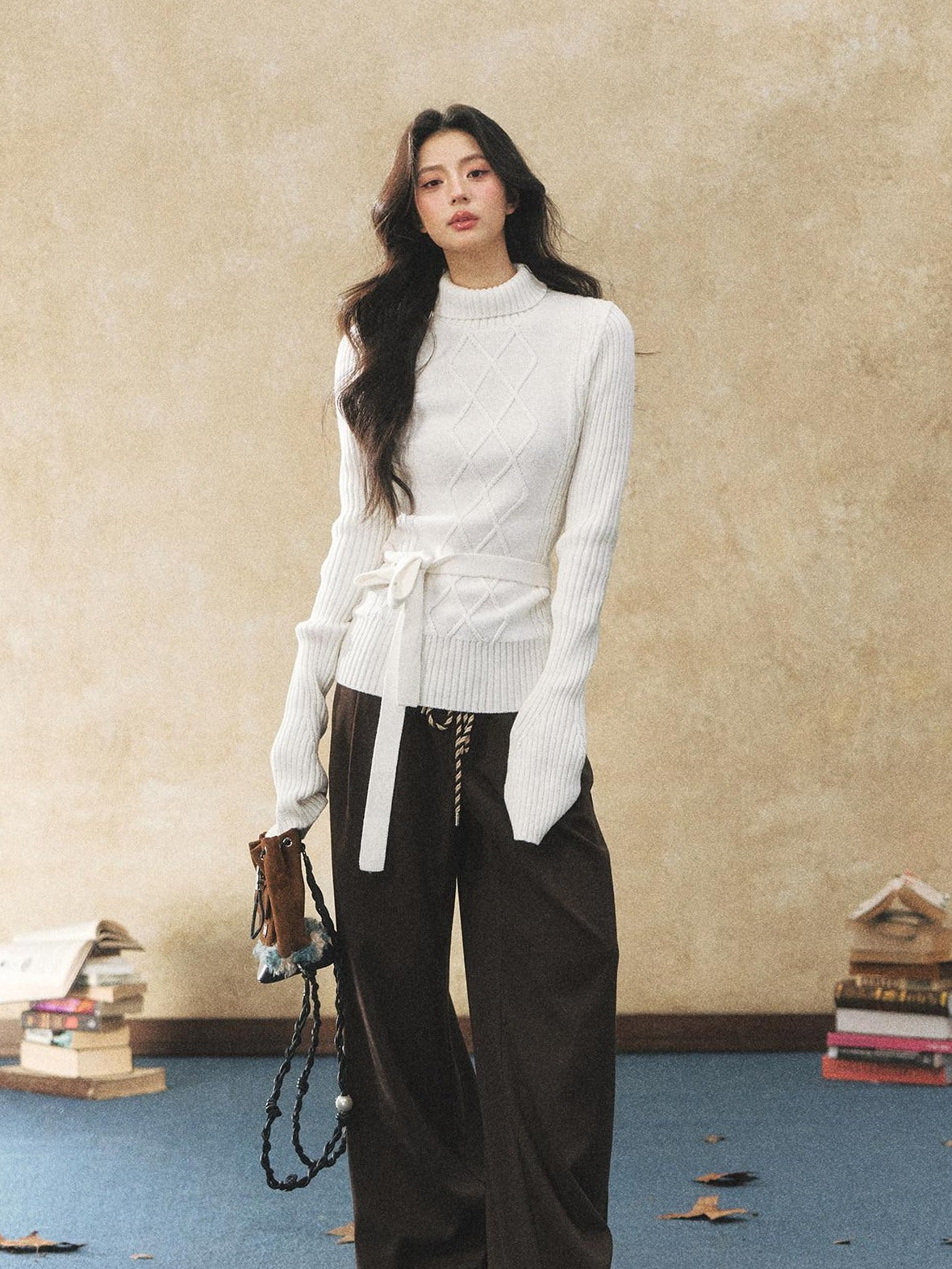 7Shiftin Cozy Belted High Neck Slim Fit Cable Diamond Knit Long Sleeve Women Sweaters