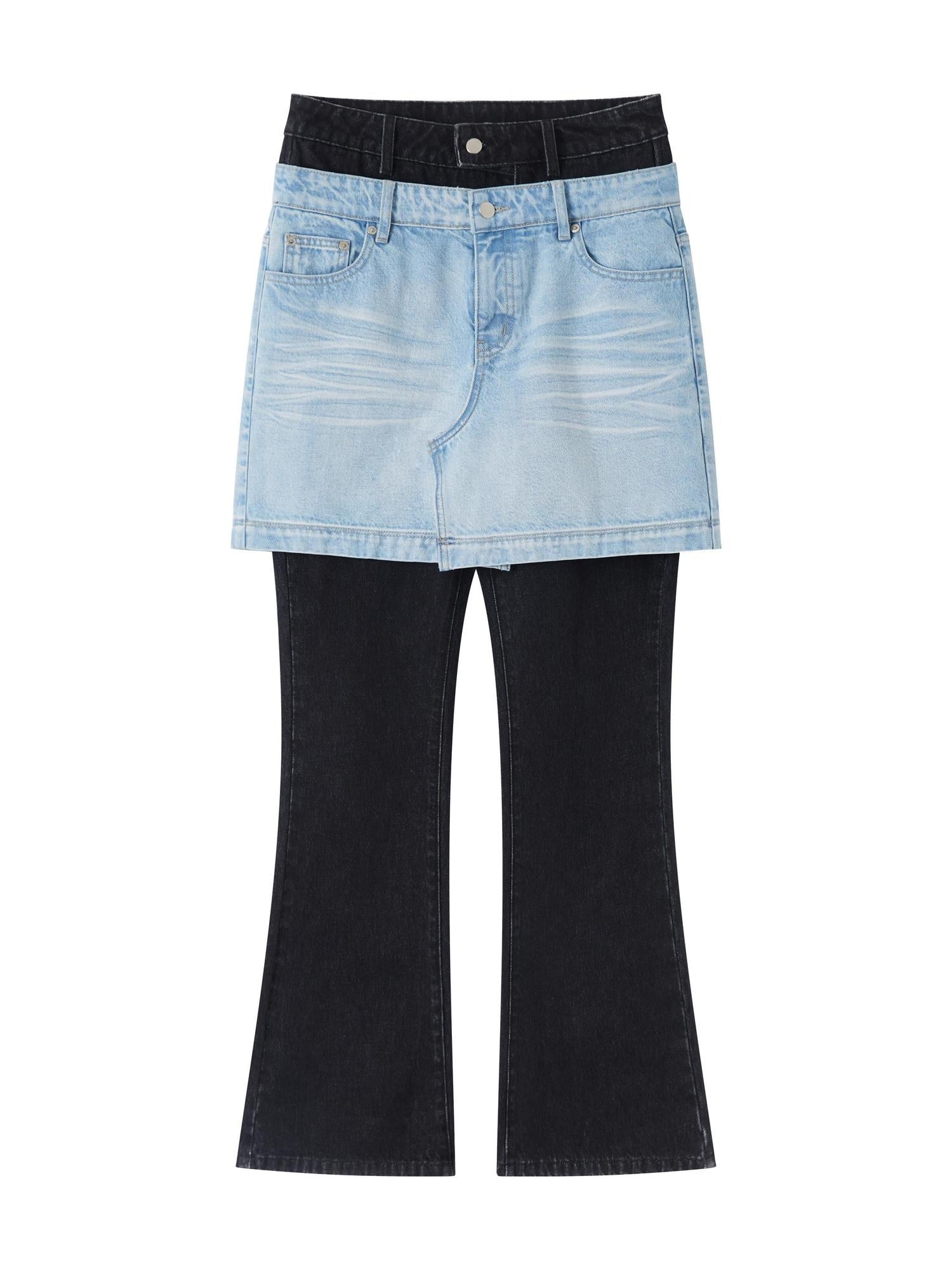 RUN TO THE FUTURE High Stretch Slim Fit Natural Waist Zipper Everyday Blue Black Denim Flare Jeans