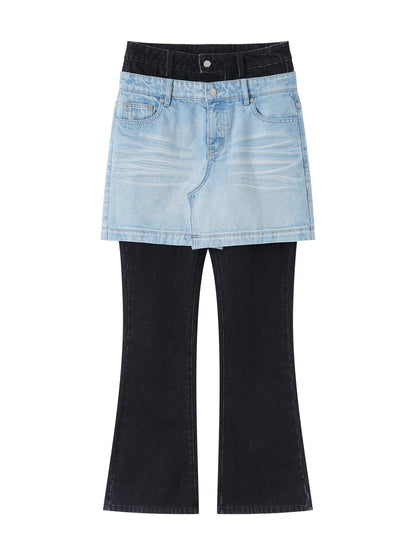 RUN TO THE FUTURE High Stretch Slim Fit Natural Waist Zipper Everyday Blue Black Denim Flare Jeans