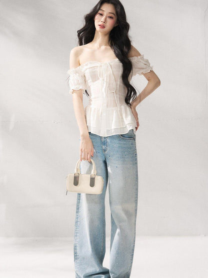 7Shiftin Cooling Breathable Light Waist Slim Women Cotton Tee Off Shoulder Crop Tops