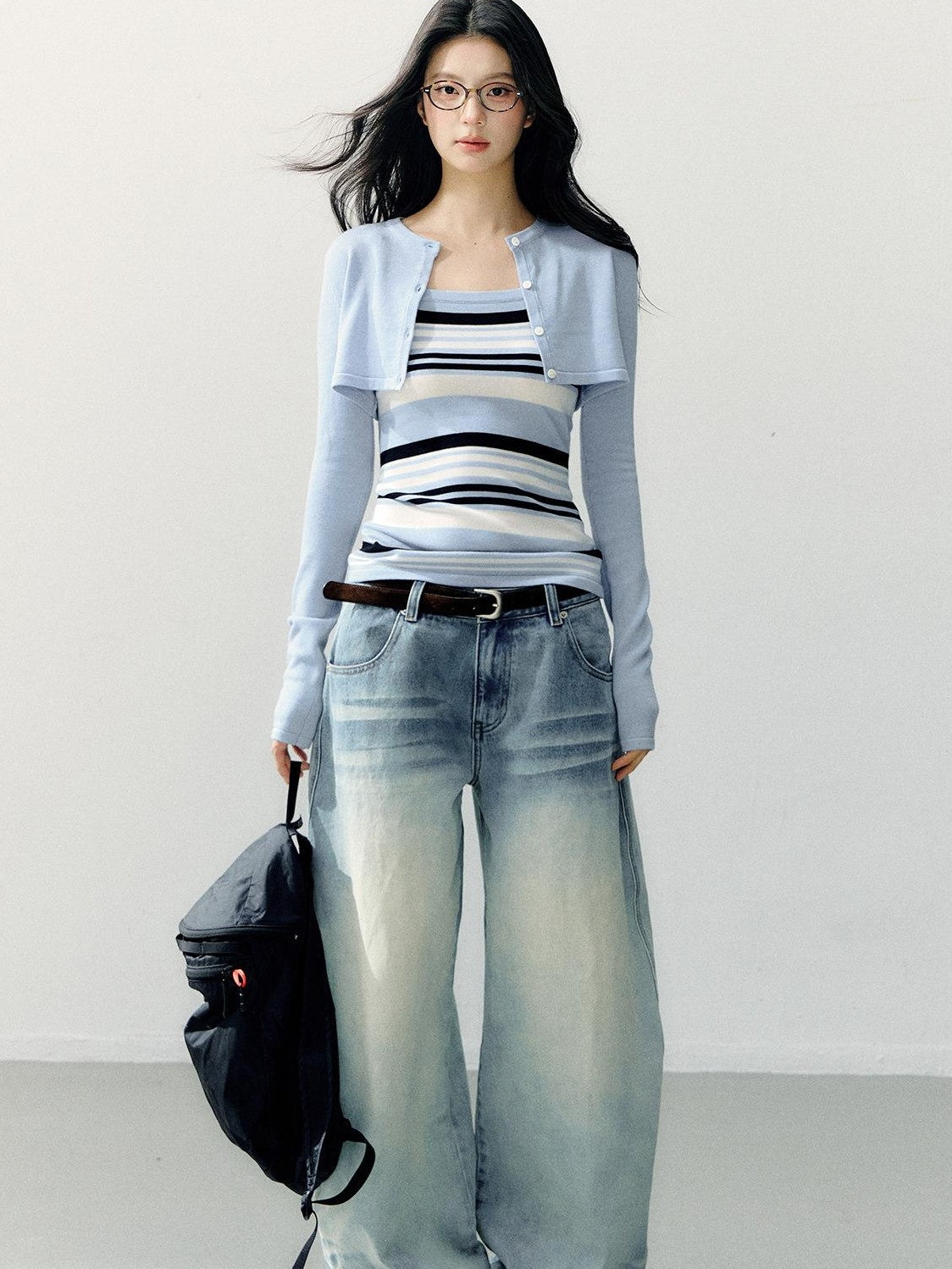7Shiftin Washed Cotton Natural Waist Girly Zip Fly Non Stretch Blue Women Wide Leg Jeans
