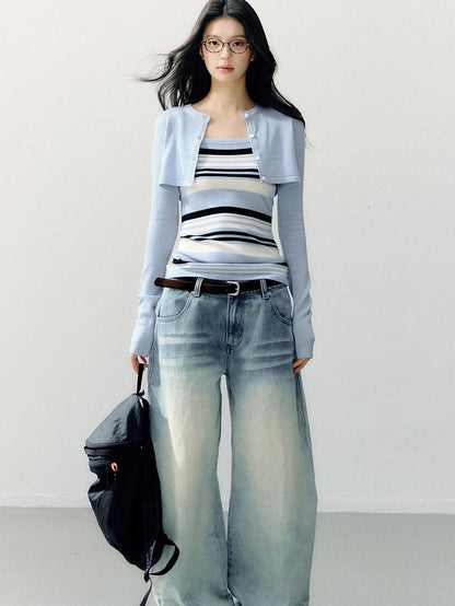 7Shiftin Washed Cotton Natural Waist Girly Zip Fly Non Stretch Blue Women Wide Leg Jeans
