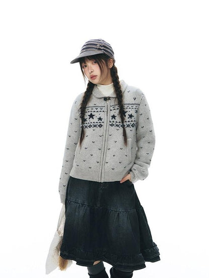 NAPSNAPS Vintage Fair Isle Star Knit Turndown Collar Women&