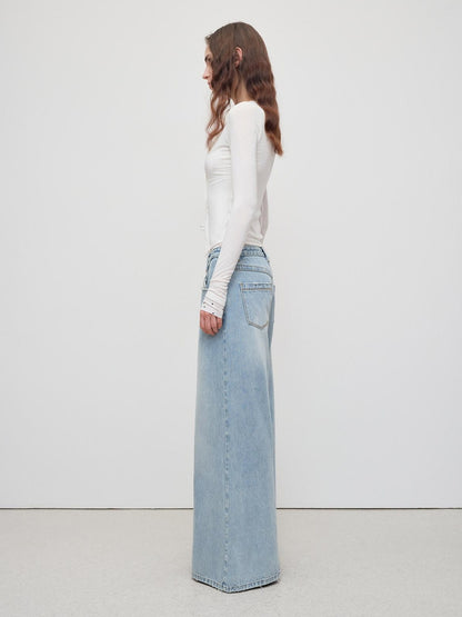 RUN TO THE FUTURE Light Blue Casual Loose Natural Waist Button Fly No Stretch Women Wide-Leg Jeans