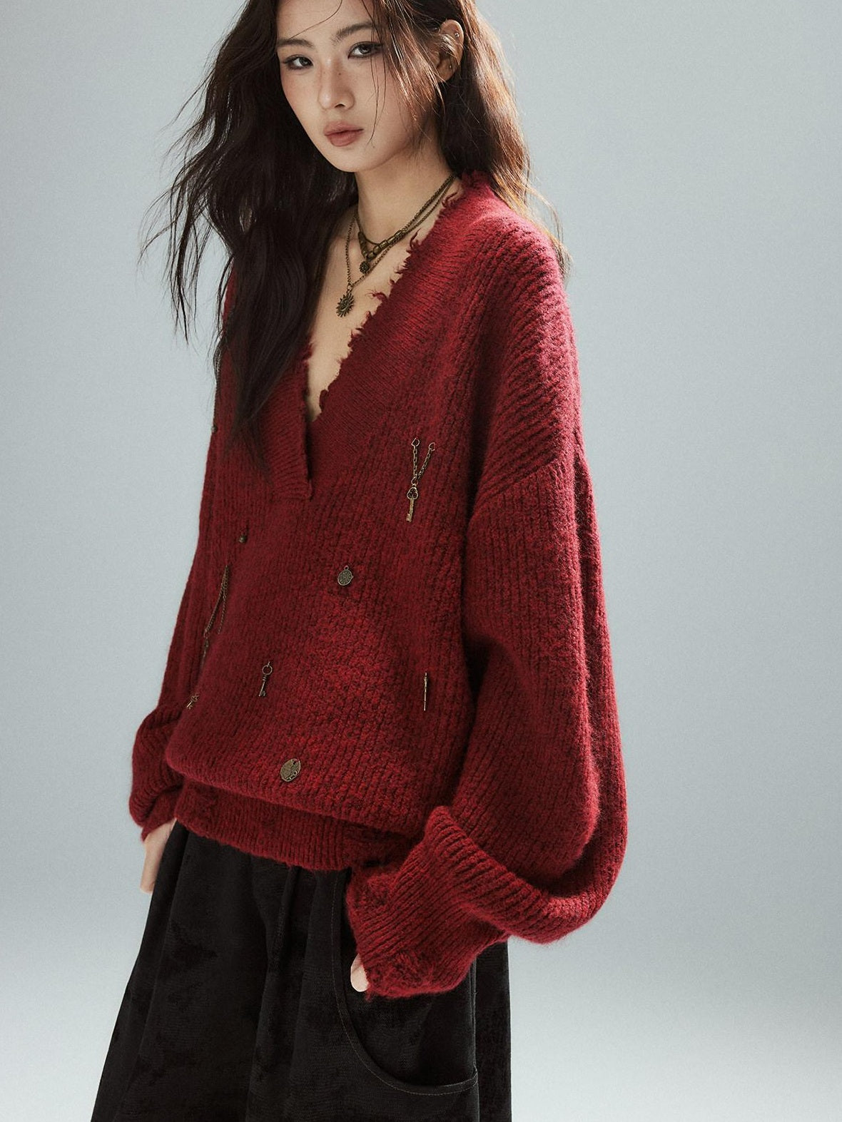 Low pixel Warm Oversized Street Raw Hem Women V-neck Red Pullover Sweaters