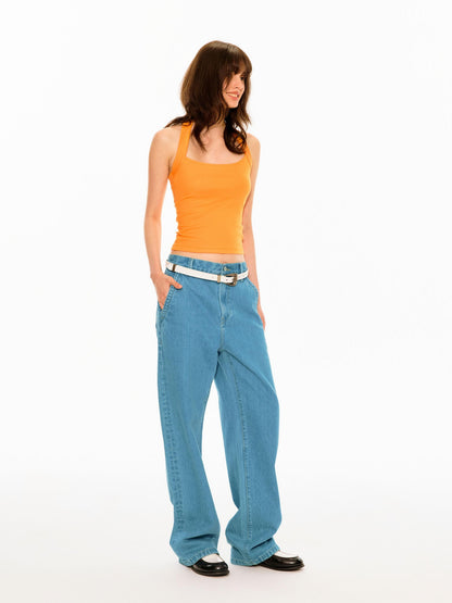 Northbutsouth Mid Blue Slant Pocket Adjustable Back Paris Button Women&