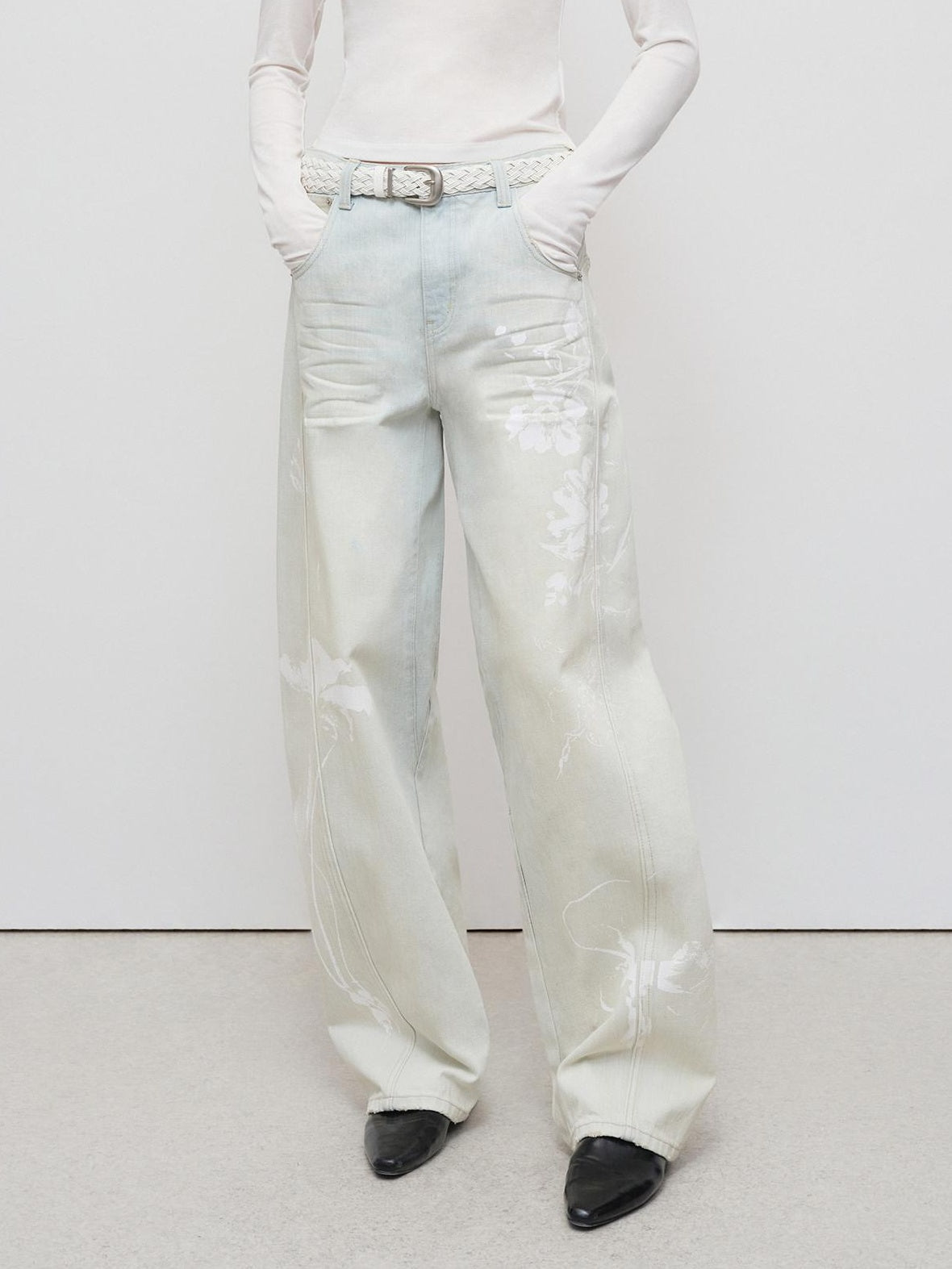 RUN TO THE FUTURE Vintage Light Blue Floral Cotton Loose Casual Womens Zipper Fly Wide-Leg Jeans