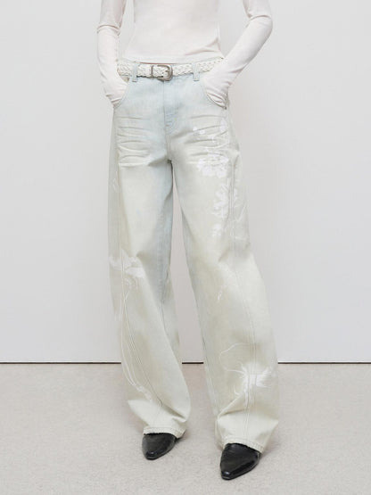 RUN TO THE FUTURE Vintage Light Blue Floral Cotton Loose Casual Womens Zipper Fly Wide-Leg Jeans