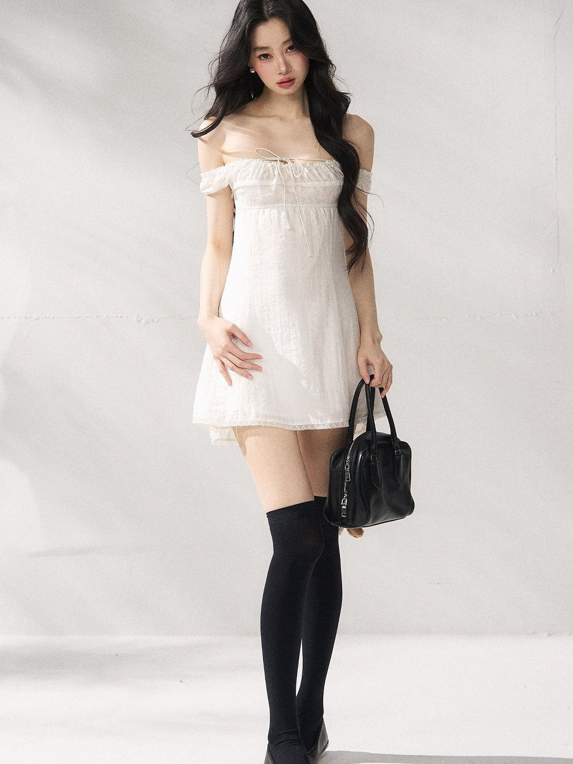 7Shiftin Cinched Tie Waist Minimalist Sleeveless A Line Women White Mini Dresses