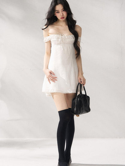7Shiftin Cinched Tie Waist Minimalist Sleeveless A Line Women White Mini Dresses