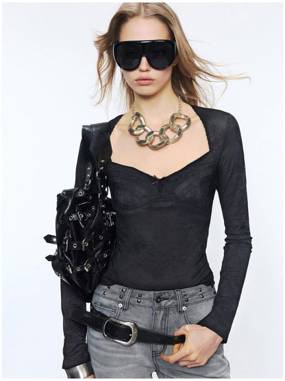 2th Desire Sexy Nylon Slim Vneck Cropped Butterfly Bow Black Long Sleeve T-Shirts