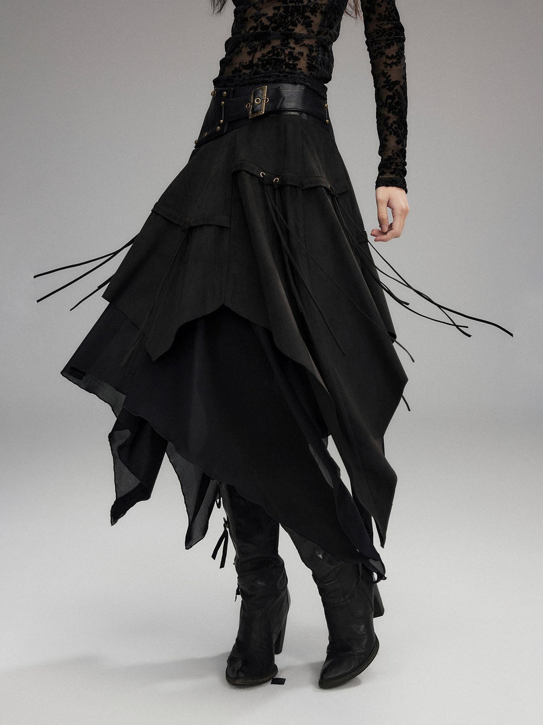 Low pixel Sexy Low Waist Asymmetrical A Line Zipper Black Woven Polyester Midi Skirts