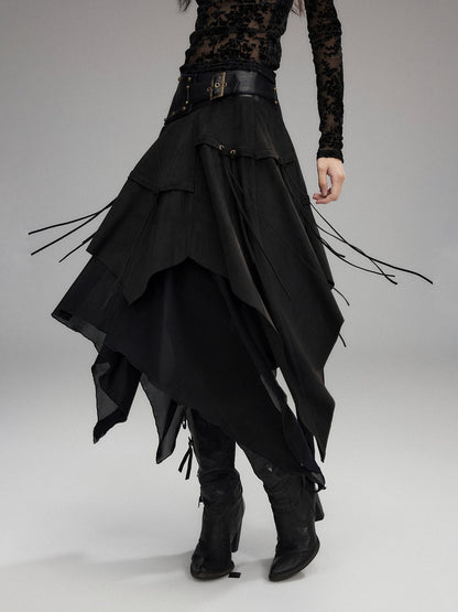 Low pixel Sexy Low Waist Asymmetrical A Line Zipper Black Woven Polyester Midi Skirts