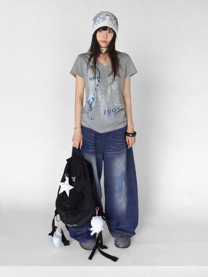 innomoood Heather Distressed Print Colorblock V-neck Women&