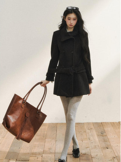 7Shiftin Detachable Wool Casual Cinched Waist Double Breasted Women Black Short Coat