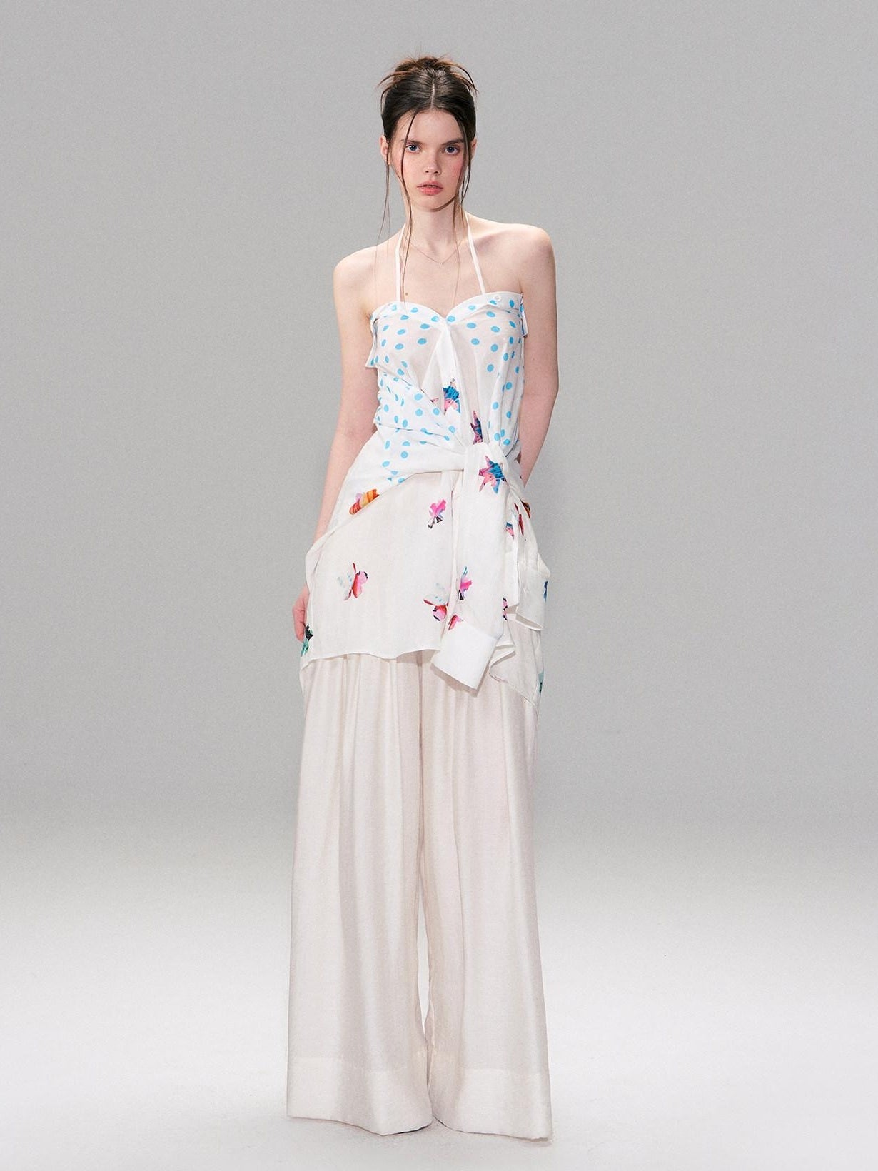 The NeverMore Lightweight Linen Blend Pleated Mid Waist Casual Women Off White Wide Leg Pants