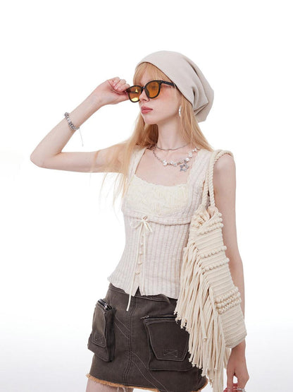 The NeverMore Lace Tie Patchwork Slim Crop Cotton Blend Casual Beige Solid Tank Camisoles