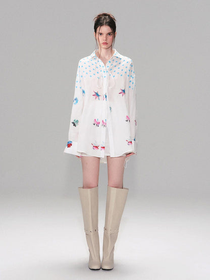The NeverMore Soft Breathable Linen Blend Relaxed Drop Shoulder Polka Dot Long Sleeve Shirts