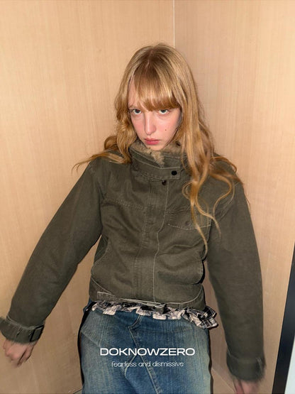 DKZ OFFICIAL Olive Green Fur Collar Washed Vintage Women&