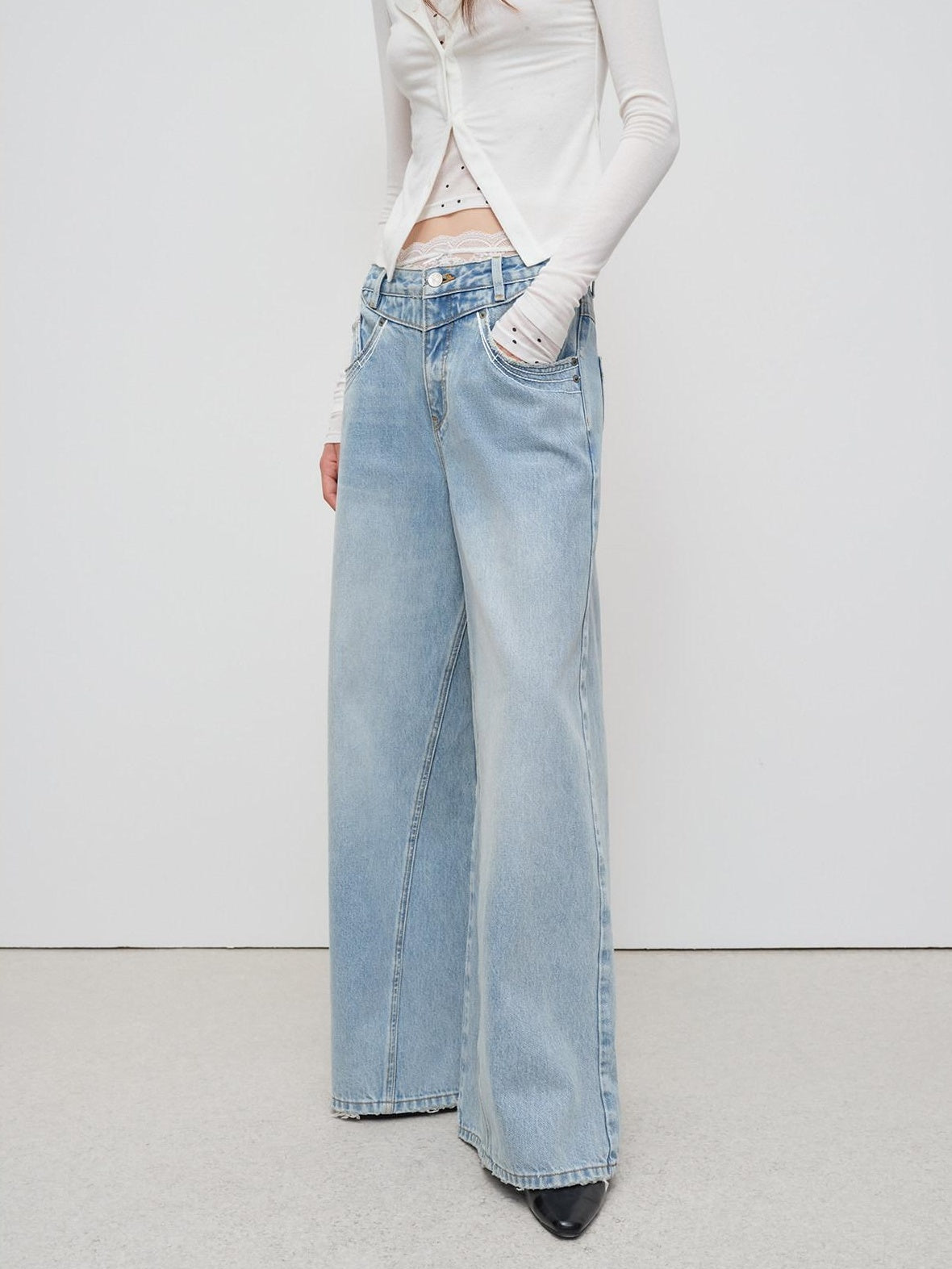 RUN TO THE FUTURE Light Blue Casual Loose Natural Waist Button Fly No Stretch Women Wide-Leg Jeans