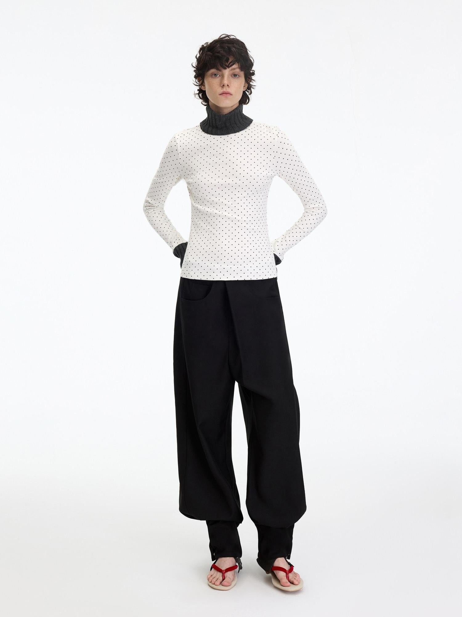 RUN TO THE FUTURE Polka Dot Patchwork High Neck Slim Fit Casual Women White Long Sleeve T-Shirts