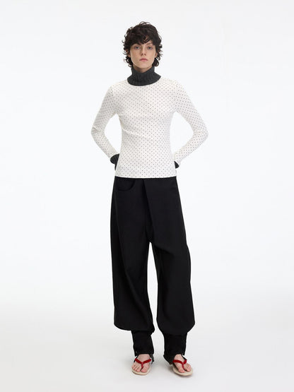 RUN TO THE FUTURE Polka Dot Patchwork High Neck Slim Fit Casual Women White Long Sleeve T-Shirts
