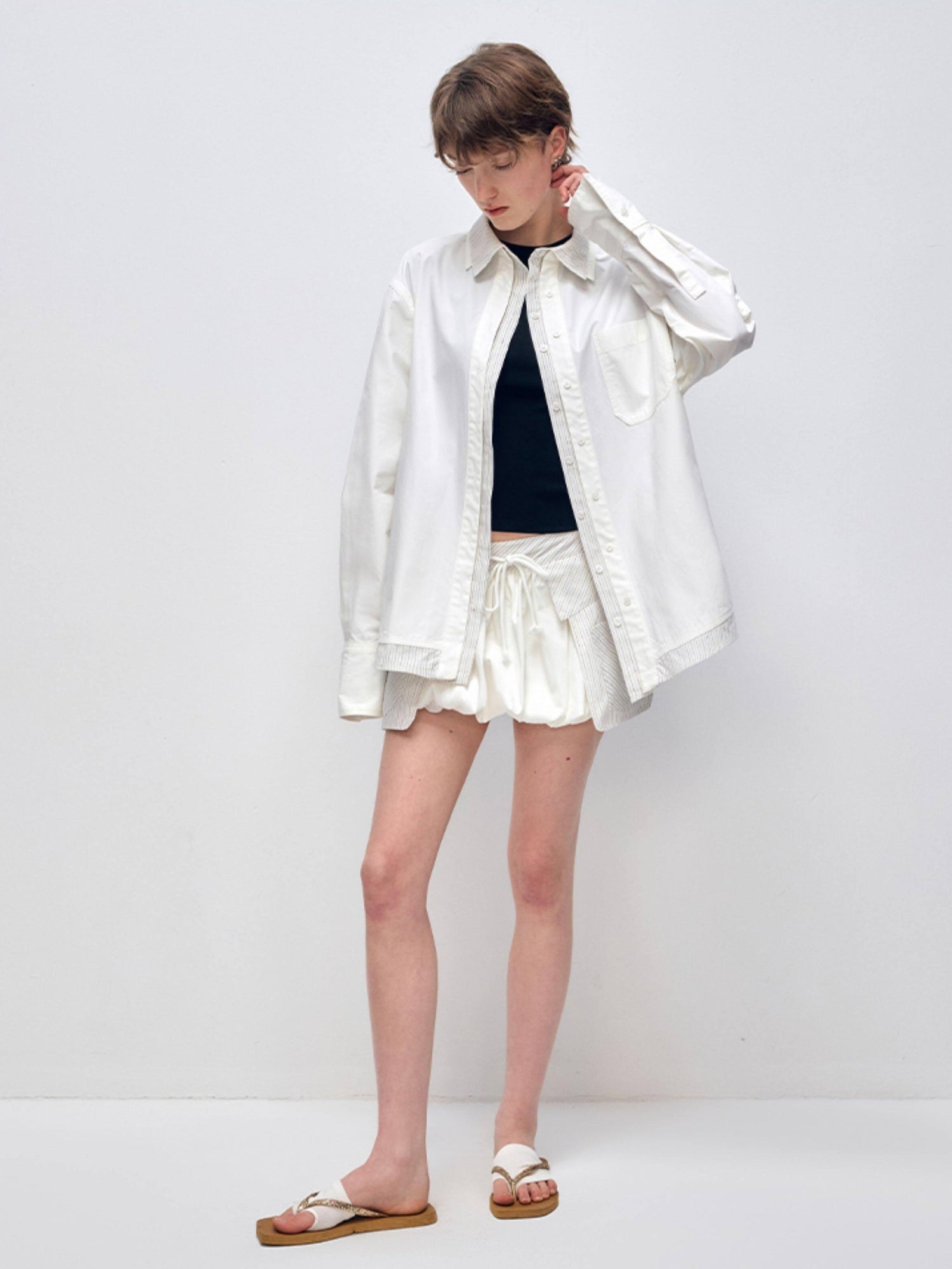 RUN TO THE FUTURE Cotton Long Sleeve Polo Button Minimalist Two Piece Women Antique White Shirts